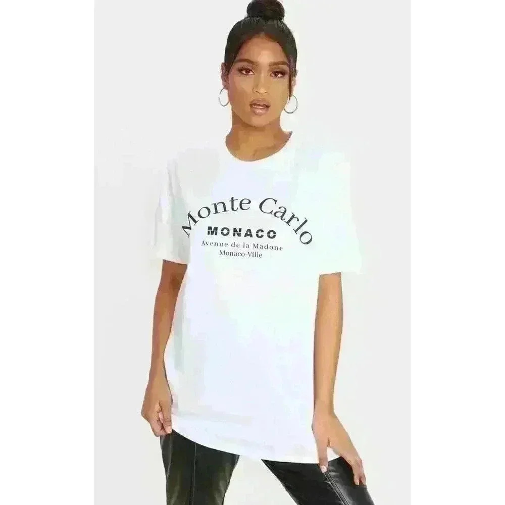 PrettyLittleThing WHITE MONTE CARLO T SHIRT Size Small Oversized